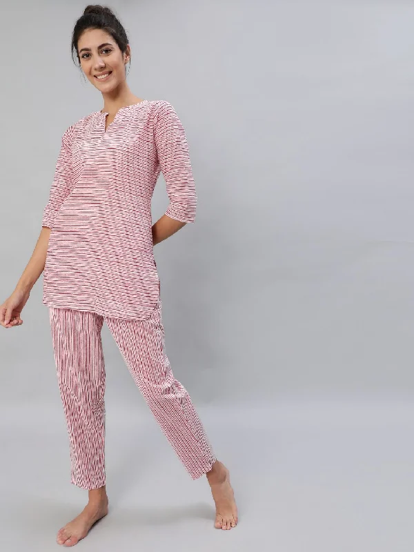 NOZ2TOZ Women Pink & Off-White Striped Night Suit Set