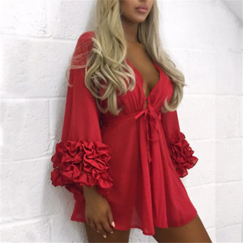 Women Sexy Beach Cover up beach woman Long Puff Sleeve Covers up maio feminino praia Mesh Beach Dress Tunic Robe