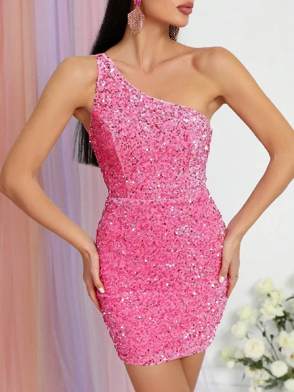 Elegant One Shoulder Sleeveless Sequin Party Mini Dresses