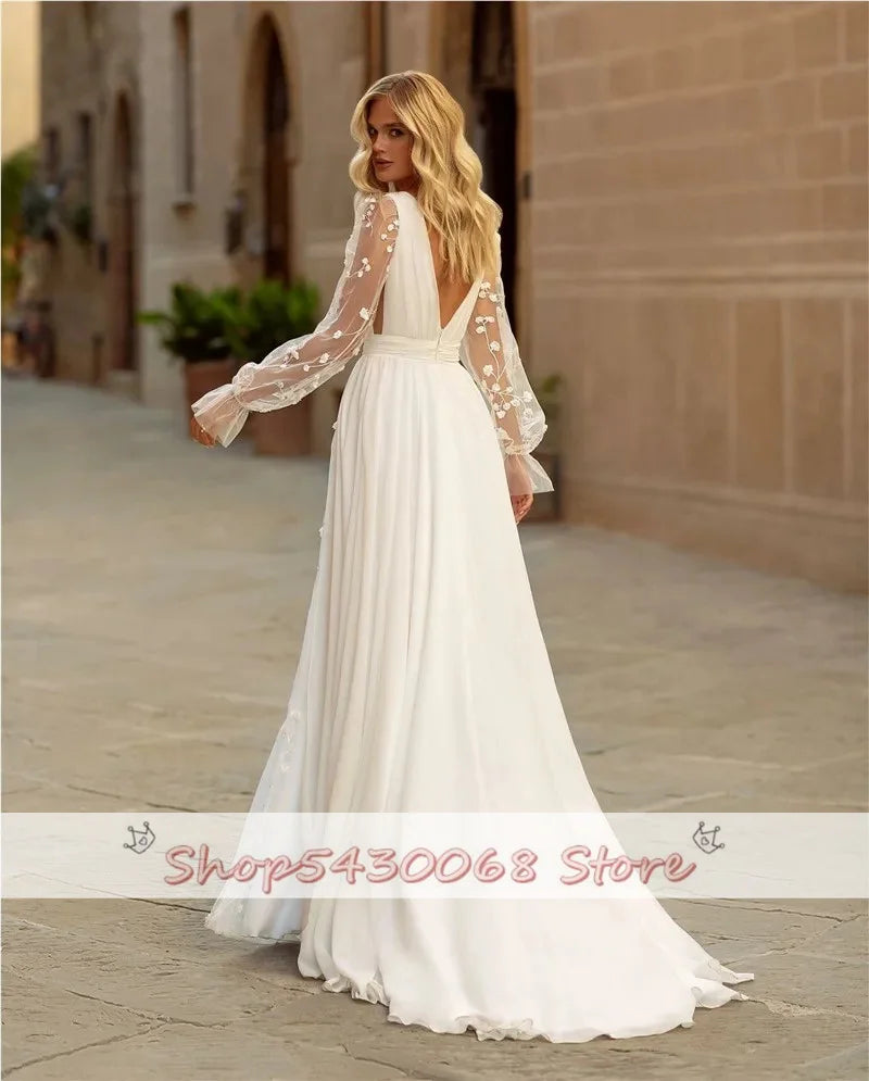 Wedding Dresses Long Puffy Sleeve Lace Bride Dress  Elegant