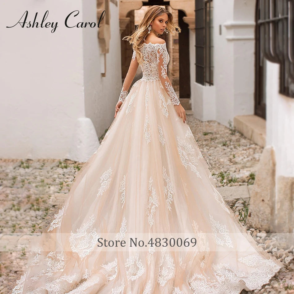 Wedding Dresses With Detachable Train Boat Neck Full Sleeve Appliques