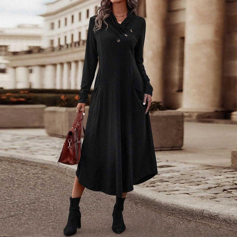 Elegant Lapel Slim Solid Pockets Midi Dress