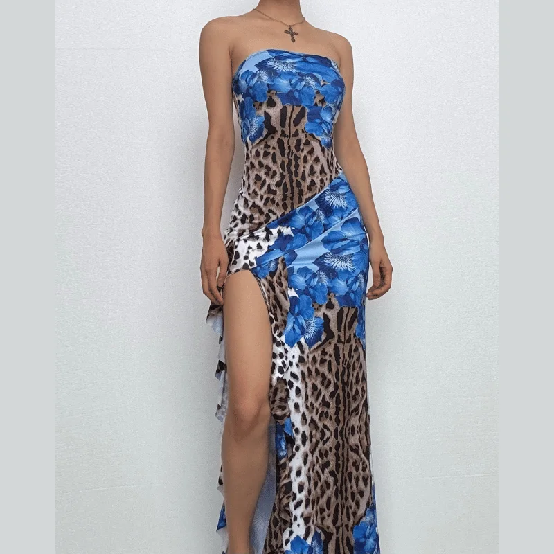 Leopard print contrast ruffle high slit tube maxi dress