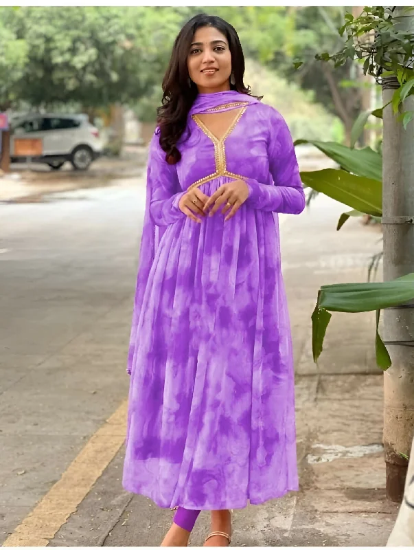 Preksha Creation Georgette Floral Print Women Purple Anarkali Long Gown With Dupatta