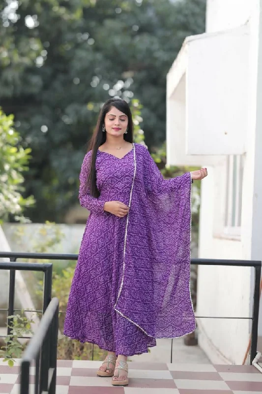 Preksha Creation Georgette Floral Print Women Purple Anarkali Long Gown With Dupatta