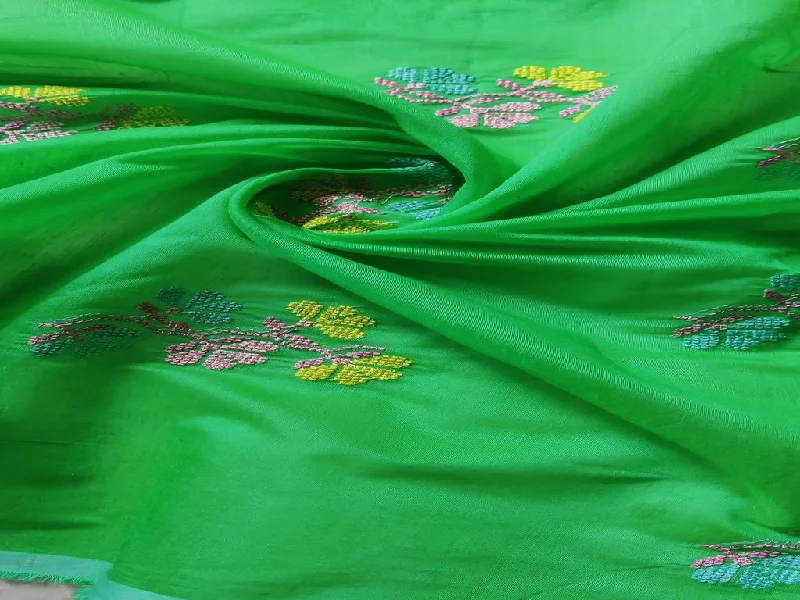 Green Motifs Cross Stitch Embroidered Chanderi Silk Fabric