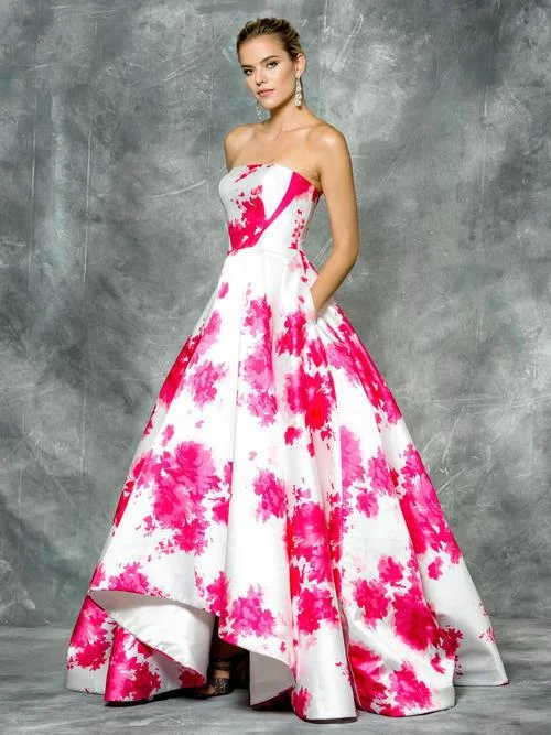 Colors Dress Strapless Floral Pleated Mikado High Low Dress 1685 - 1 pc Hot Pink & White In Size 10 Available