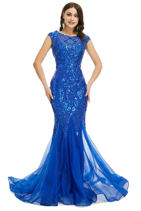 Blue Scoop Sequins Long Prom Formal Dress GJS716