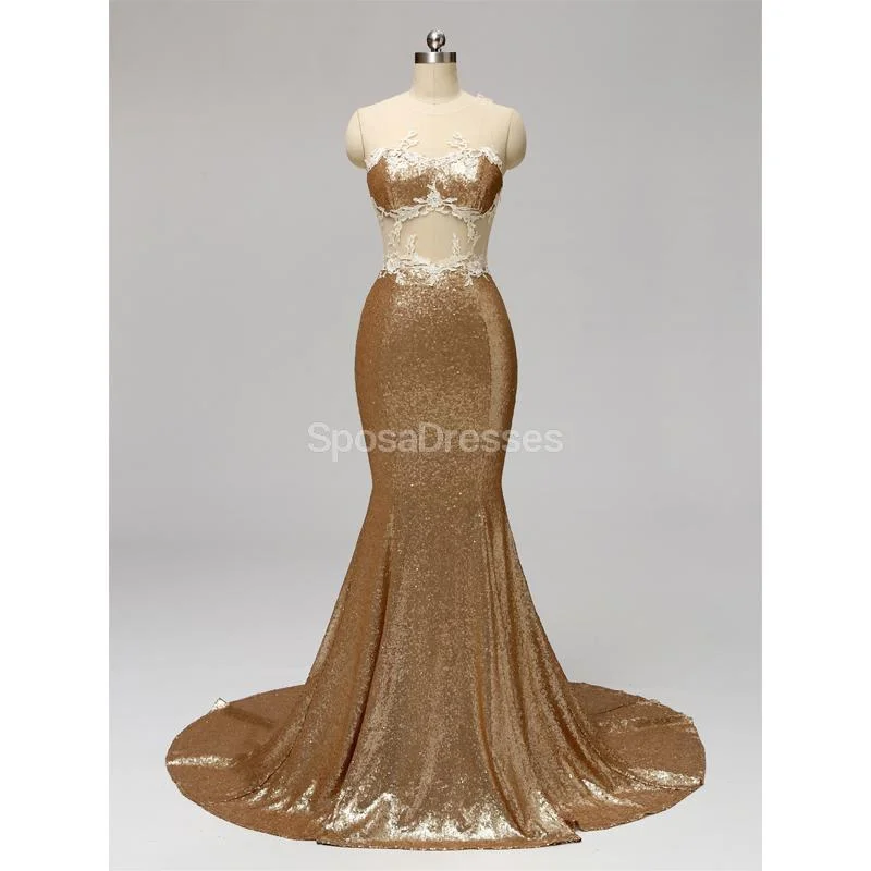 Gold Sequin See Through Mermaid Cheap Bridesmaid Dresses Online, WG595